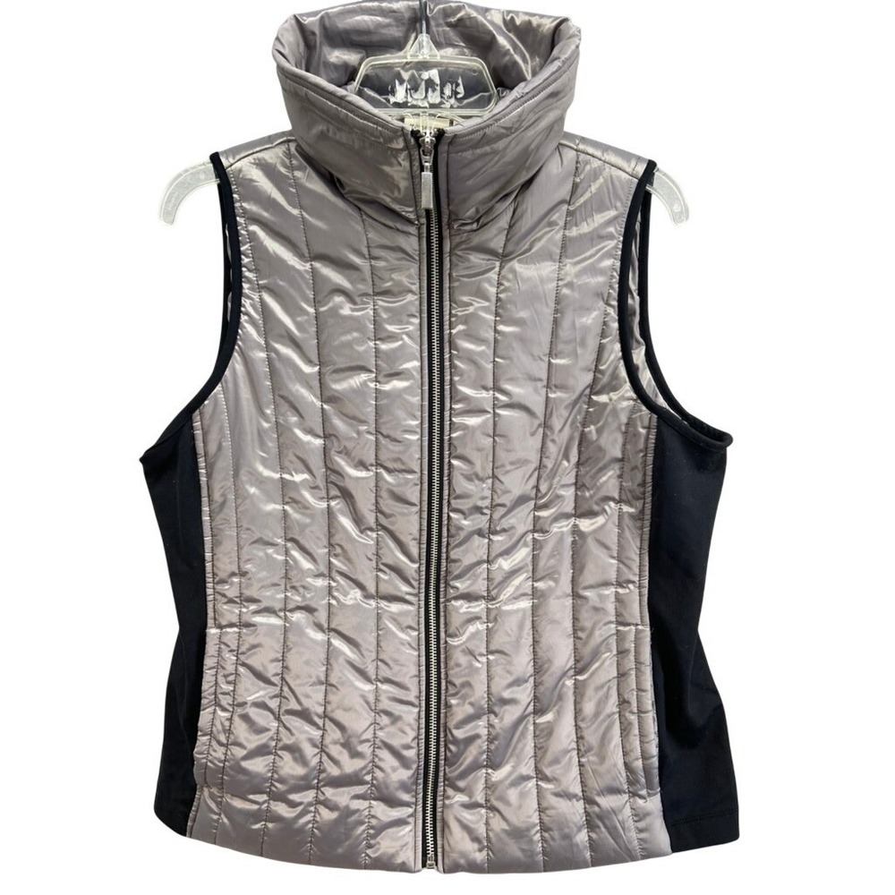 Zenergy by Chicos Vest Sz 1 M 8 Quilted Puffer Black Trim‎ Zip Front Gorpcore